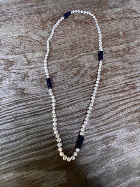 Freshwater Pearl Lapis Lazuli Necklace 26” Baroque Hand Knotted Blue White